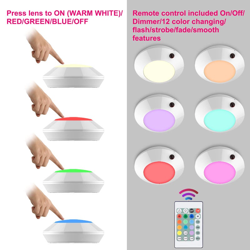 BIGLIGHT Battery Operated LED Ceiling Light, Remote Controlled, 12 Color Changing Mood Light, Hallway Lighting, Dimmable Night Light for Shower Closet Bedroom Corridor Bathroom, 2 Pack - Image 2